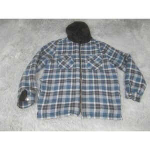 VTG RQQBA Plaid Flannel Hooded Jacket Blue Black Full Zip Up Shacket Lined